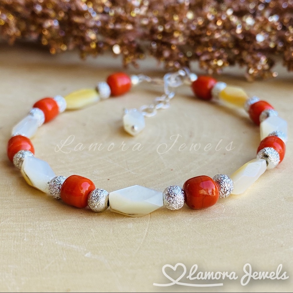 Mother of Pearl and Red Coral Sterling Bracelet